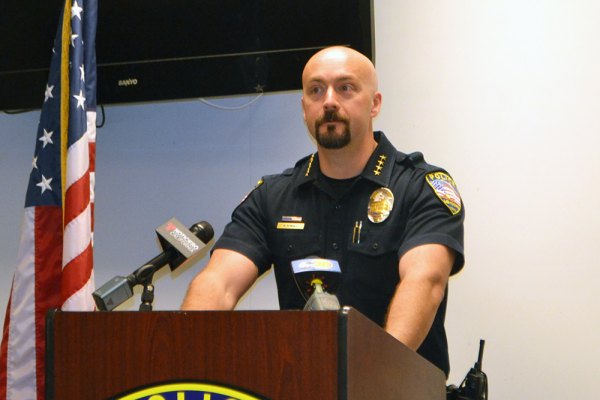 Lemoore Chief of Police Michael Kendall during a Monday morning press conference where he praised the actions of local law enforcement during a  tense standoff with a suspect who fired on officers and residents.